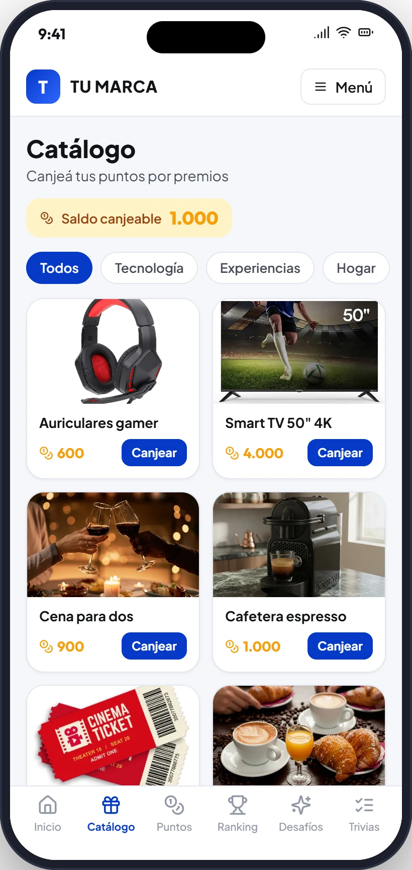 Catálogo de premios en el celular, con saldo canjeable y botón de canje
