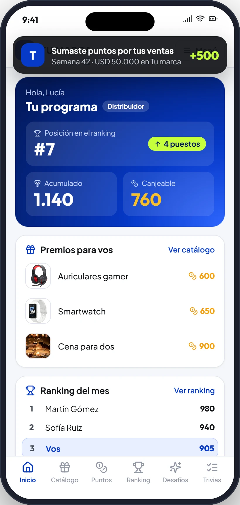 Inicio de la app en el celular: posición en el ranking y puntos acumulados